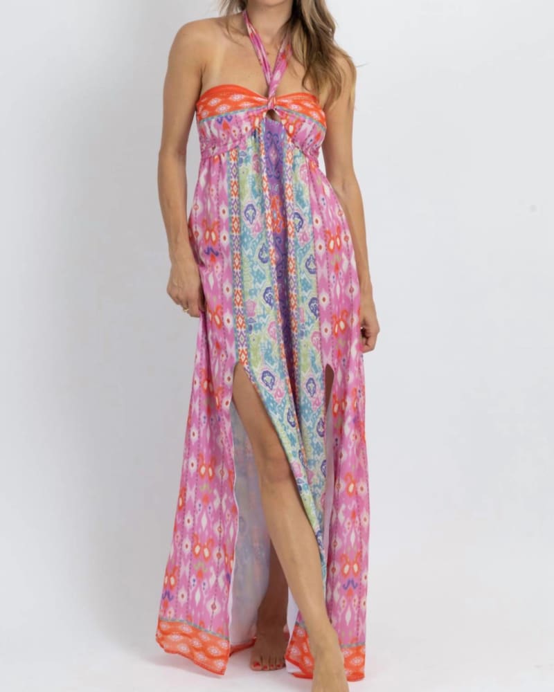 Front of a model wearing a size L Saulsalito Halter Maxi Dress In Multicolor in Multicolor by Fate. | dia_product_style_image_id:355291